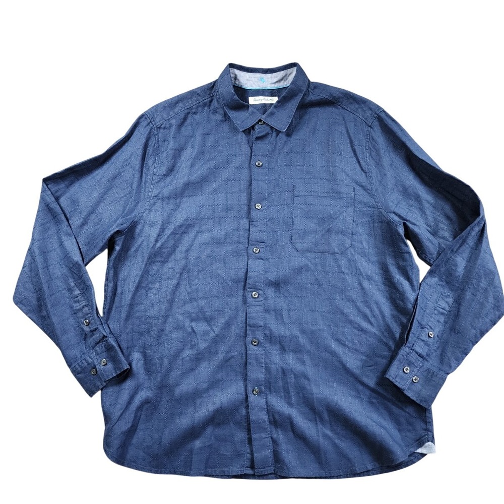 Tommy Bahama Shirt Men's XL Navy Plaid 100% Linen Long Sleeve Button-Up Classic